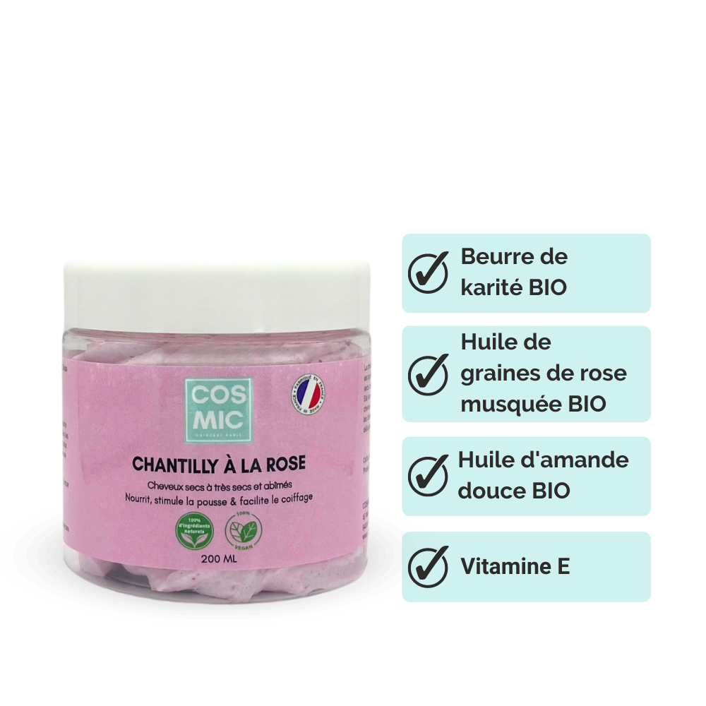 image de la chantilly à la rose COSMIC 100% naturelle au format 200 ML pour les cheveux secs à très secs, épais, bouclés, frisés, crépus pour nourrir, stimuler la pousse et faciliter le coiffage et démêler les cheveux. Elle convient aussi aux peaux sèches et aide à lutter contre l'eczema, les vergetures, les cicatrices