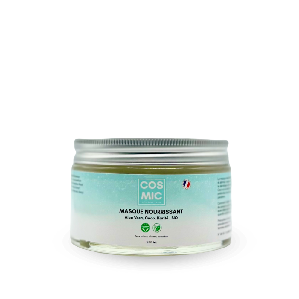 image du masque nourrissant COSMIC HAIRCARE naturel et végan à l'aloe vera, coco, et karité bio en format 200ML pour renforcer et nourrir les cheveux secs, bouclés, frisés. soin à utiliser avec ou sans rinçage