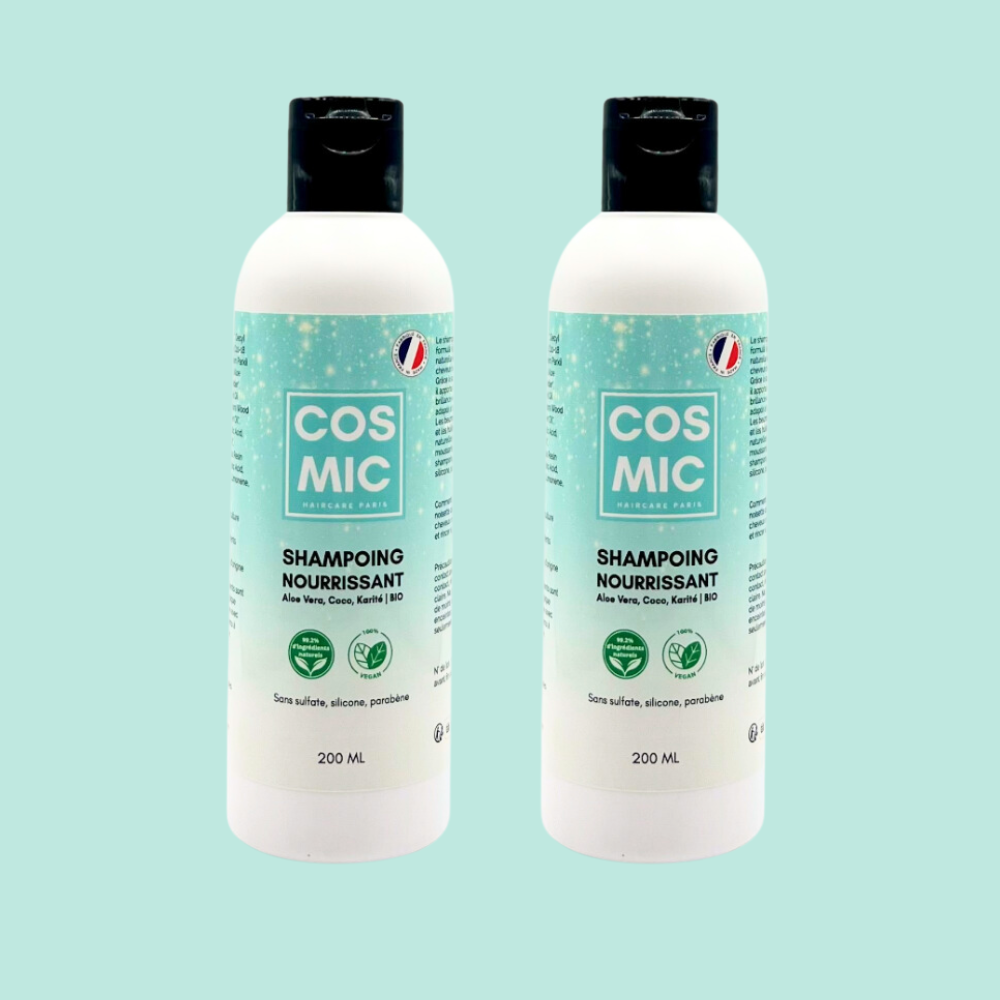 image du shampoing naturel et 100% vegan, nourrissant COSMIC à l'aloe vera, karité et coco BIO au format 200ML idéal pour les cheveux secs, abîmés et cassants et les cheveux bouclés.