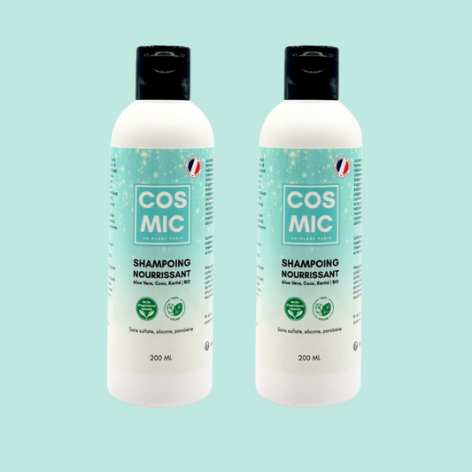 image du shampoing naturel et 100% vegan, nourrissant COSMIC à l'aloe vera, karité et coco BIO au format 200ML idéal pour les cheveux secs, abîmés et cassants et les cheveux bouclés.