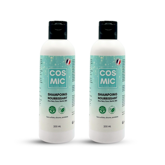 image du shampoing naturel et 100% vegan, nourrissant COSMIC à l'aloe vera, karité et coco BIO au format 200ML idéal pour les cheveux secs, abîmés et cassants et les cheveux bouclés.