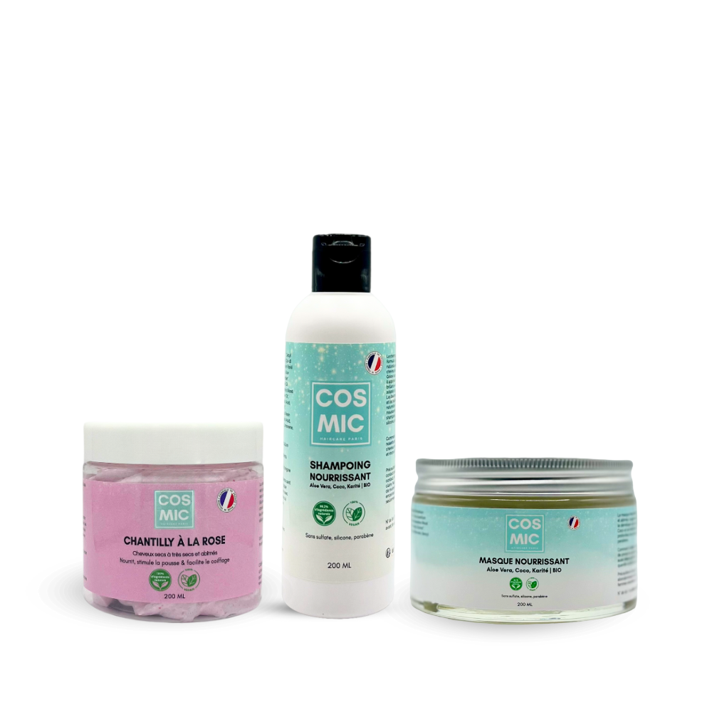 TRIO NOURRISSANT COSMIC HAIRCARE MASQUE COCO MASQUE NOURRISSANT MASQUE KARITE MASQUE LEAVE IN CHEVEUX BOUCLES  MASQUE NATUREL BIO  SANS SULFATE SANS SILICONE