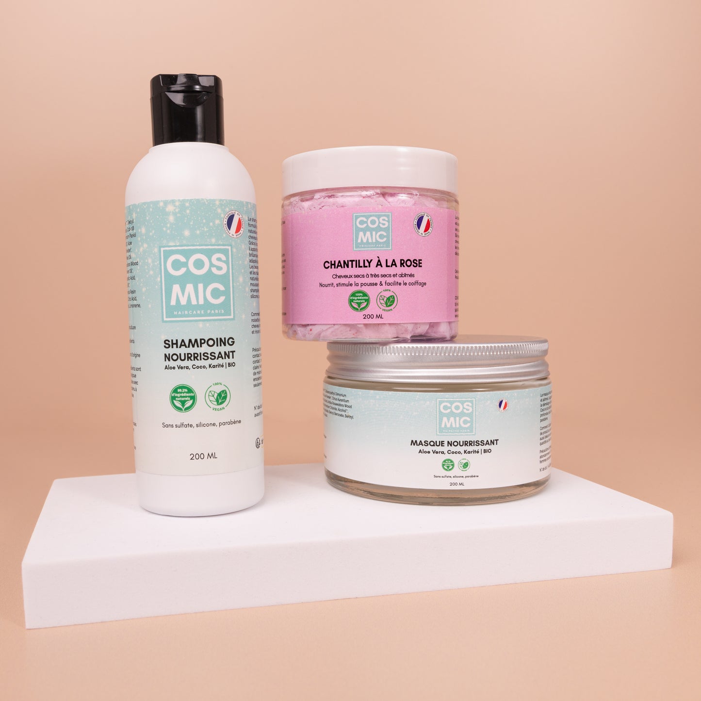 TRIO NOURRISSANT COSMIC HAIRCARE MASQUE COCO MASQUE NOURRISSANT MASQUE KARITE MASQUE LEAVE IN CHEVEUX BOUCLES MASQUE NATUREL BIO SANS SULFATE SANS SILICONE