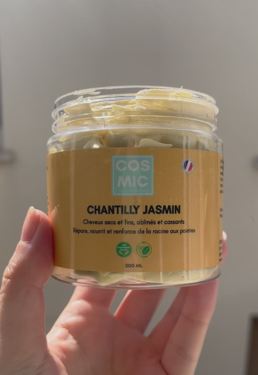 chantilly jasmin BIO pour cheveux secs abîmés fourchus et fins, made in france, sans sulfate, sans silicone, 100% naturelle